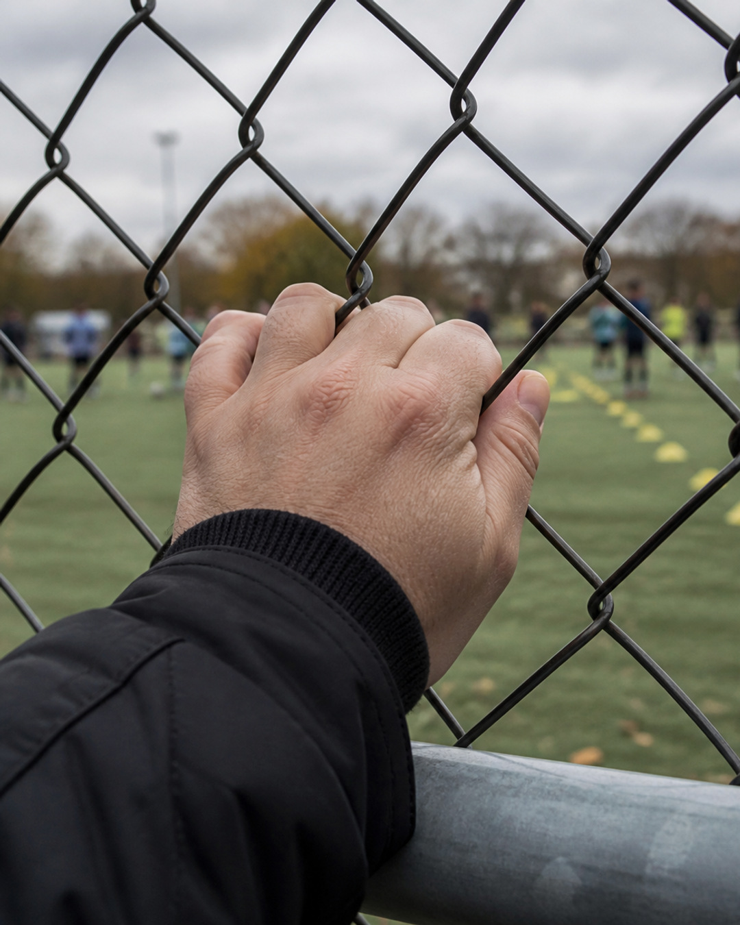 A parent gripping a chain-link fence while watching a crowded youth soccer practice