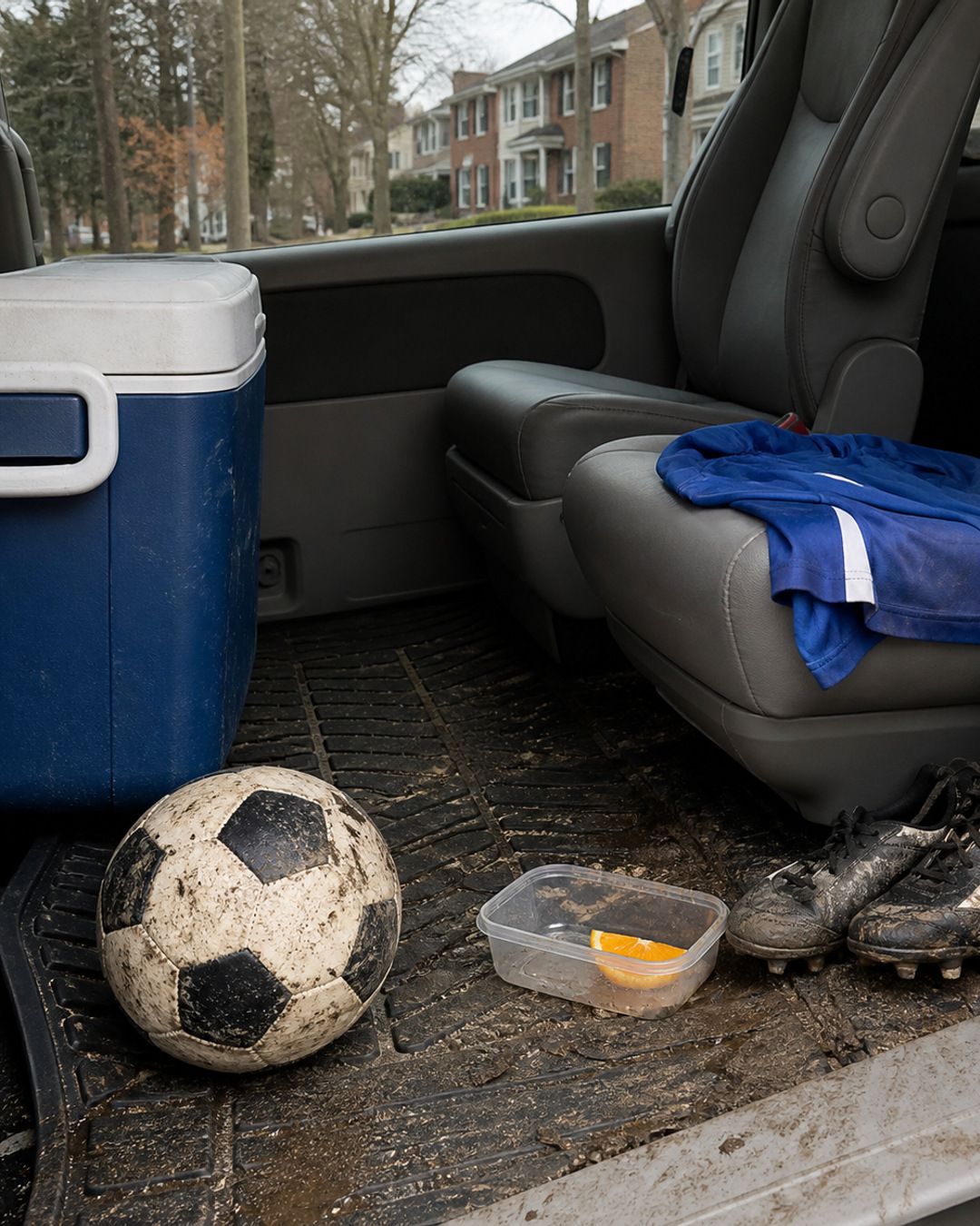 Muddy youth soccer cleats and an uneaten orange slice in a minivan after practice